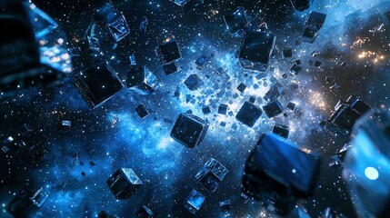An immersive virtual exploration set in a Cubo-Realist style, featuring a starry black and blue cubist landscape within a hyper-realistic digital realm.