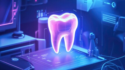 A glowing 3D rendering of a tooth, possibly representing dental care or technology.