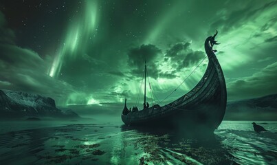Dragon-headed Viking vessel under northern lights, 4K hyperrealistic photo