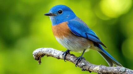 Obraz premium A vibrant bluebird perched on a branch with a green backdrop.