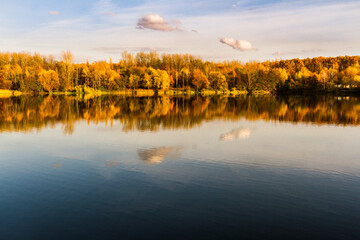 Autumn in the light of setting sun. Landscape with beautiful yellow and orange colored trees and reflections in  a pond. Muchowiec, Katowice,  Silesia, Poland