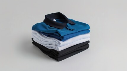 Stack of Folded Blue, White, and Black Polo Shirts