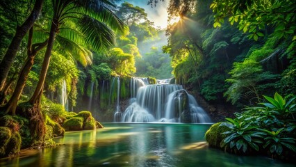 Mesmerizing Waterfall in Tropical Jungle - Lush Foliage and Serene River Scene