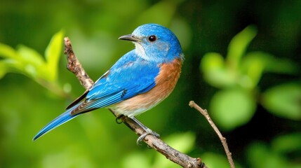 Naklejka premium A vibrant bluebird perched on a branch with a green backdrop.