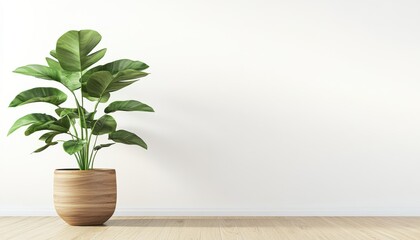 A simple, elegant plant in a wooden pot on a wooden floor against a white wall.