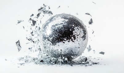 A shattered disco ball with pieces of it scattered around it