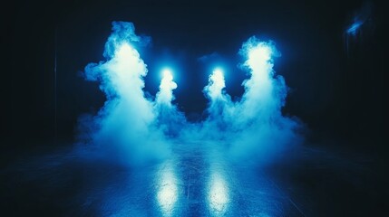 Abstract Blue Smoke with Bright Lights on Black Background Dramatic Scene