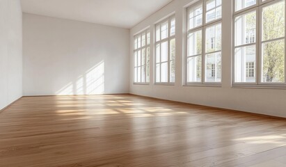 Obraz premium A bright, empty room with large windows and wooden flooring, filled with natural light.