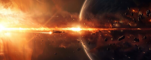 Dramatic interstellar warfare under the glow of a distant quasar, 4K hyperrealistic photo