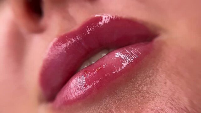 Healed lips with tattooing in a close-up shot, showing mild herpes outbreaks. The makeup procedure is complete, but slight inflammations are still noticeable.