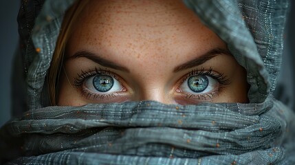 Fototapeta premium Intriguing Gaze: Woman with Blue Eyes and Scarf