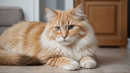 Cream siberian cat laying on the floor indoor