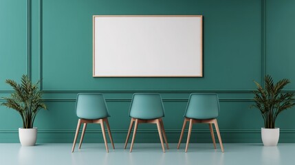 Minimalist interior design with green walls and seating