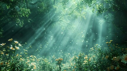 Fototapeta premium Enchanted Forest: Sunbeams Through Lush Greenery and Delicate Flowers