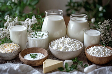 Variety of dairy products displayed on a wooden table with herbs