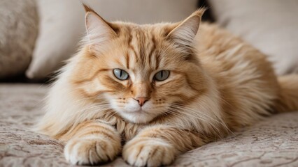 Cream siberian cat lying on bed in the bedroom