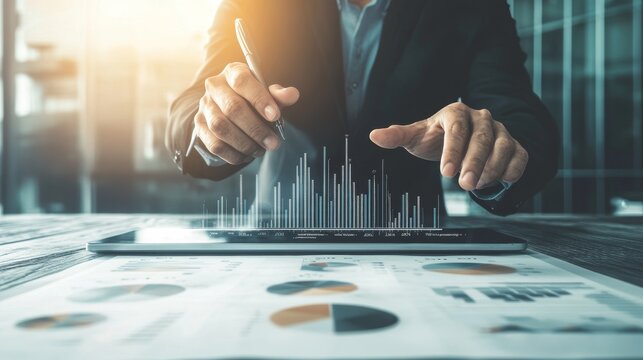 Financial advisor guiding clients on equity distribution, utilizing technology for personalized investment consultations and management