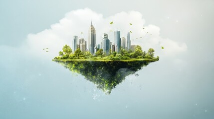 Floating green island city representing sustainable investment growth and long-term capital vision, vibrant urban landscape thriving in harmony.