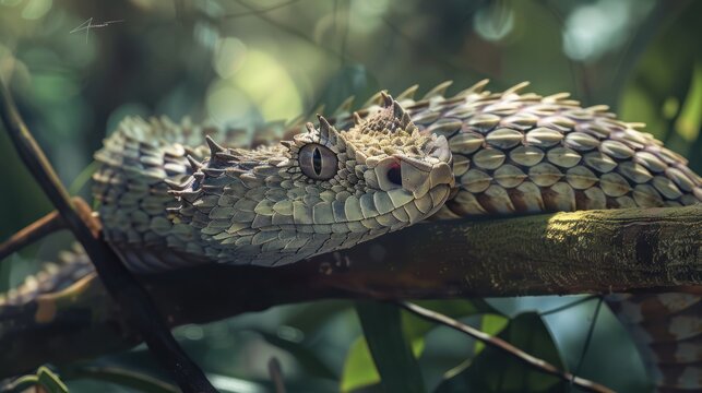 Close-up of a Spiny Bush Viper with a Blurry Green Background