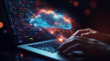 Fototapeta premium A person's hands typing on a laptop with a glowing cloud icon hovering above, symbolizing cloud computing.