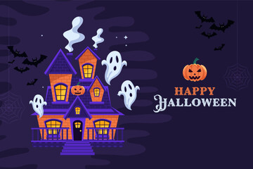 Halloween Trick or Treat with flying bats, an ominous witch's castle and ghostly figures around a graveyard, perfect for a Halloween party or invitation design.