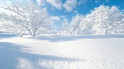 Fototapeta premium Tranquil Winter Wilderness: Majestic Snow-Covered Landscape for Wildlife Exploration Under Cinematic Light