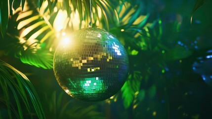 A silver disco ball hangs from a palm tree branch, reflecting light and creating a vibrant green and gold glow.