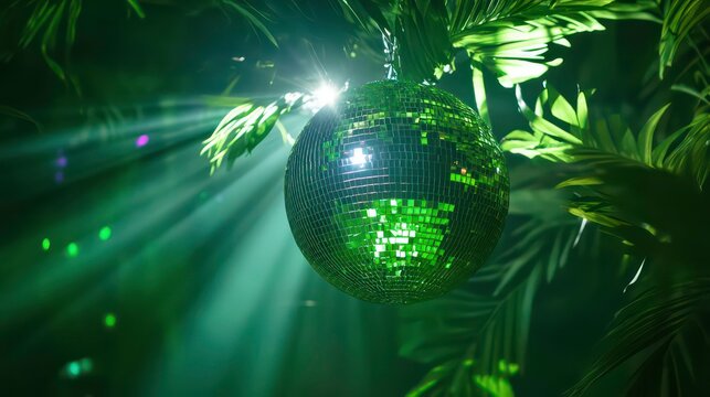 A disco ball hanging from a tropical plant with green light shining through.