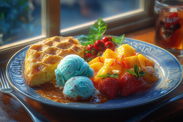 Delicious breakfast plate with waffles, fruit, and ice cream served