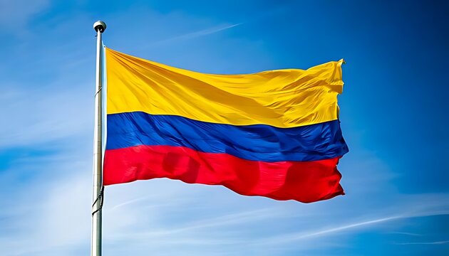 Colombia flag flying on pole against blue sky background