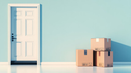 Packages by the door with shadows on the wall, delivery concept, background