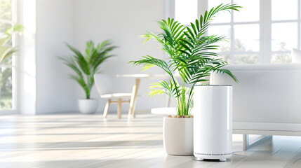 Modern Home Oasis: A serene and stylish living room with natural light streaming through the window, a sleek humidifier adding moisture to the air, surrounded by lush greenery.