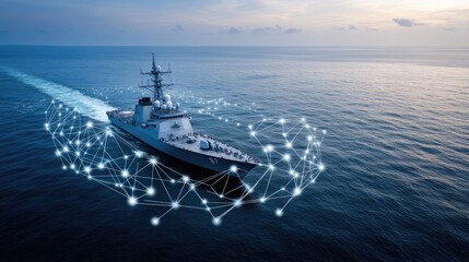 A naval ship sails through the ocean, integrated with advanced AI technology. The sunset casts a warm light over the scene, highlighting the riverside landmarks along its route.