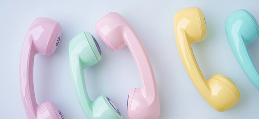 Vintage pastel telephone handsets on blue background, concept of communication