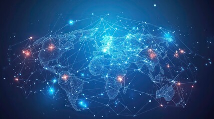 Abstract world map with glowing lines and nodes representing global connections.