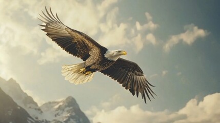 Bald Eagle: A majestic bald eagle soaring through the sky, with a mountainous background.