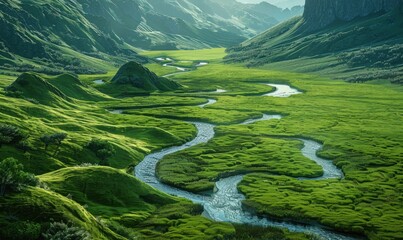 Freshwater stream winding through a green valley, 4K hyperrealistic photo