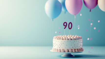 Birthday cake with candles for 90 years, balloons in background