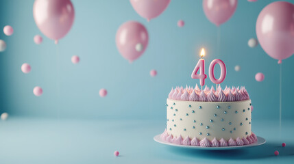 Birthday cake with candles for 40 years, balloons in pastel background