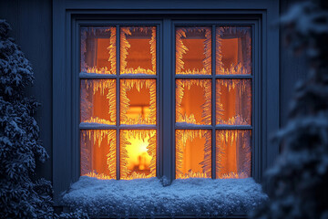 Cozy winter evening view through a frosted window with glowing light
