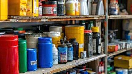 Various household hazardous waste containers, such as cleaning products and batteries, organized...