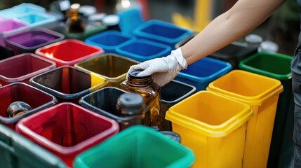 A person sorting household hazardous waste with labeled bins.