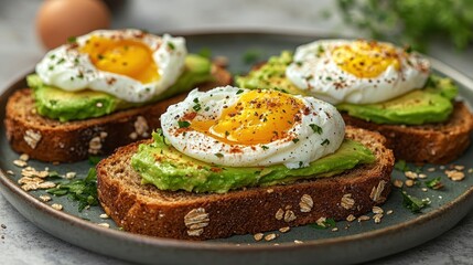 Avocado Toast with Fried Eggs and Herbs on Whole Grain Bread