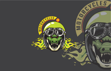 The green crocodile character wearing a green helmet, blazing with fire symbolizes speed and power in motorcycle culture.