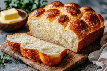 Sliced Loaf of Homemade Buttery Bread on Wooden Cutting Board