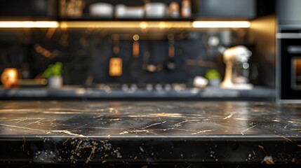 Empty black marble table top on blurred kitchen background for product display