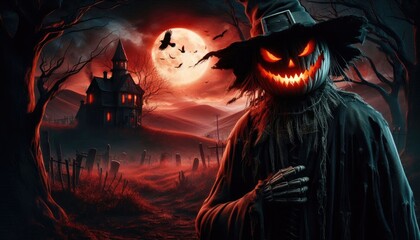 A glowing Halloween pumpkin scarecrow in the middle of a dark field at night, surrounded by spooky trees and bats flying under a full moon, this scene captures the spooky holiday spirit.