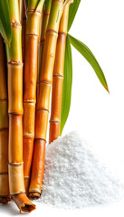 Obraz premium Sugarcanes stalks with sugar cane leaves and pile of sugar isolated on white background isolated with white highlights, png