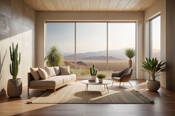 Fototapeta premium Minimalist Desert View Interior - Serene Escape with Clean Lines and Natural Light