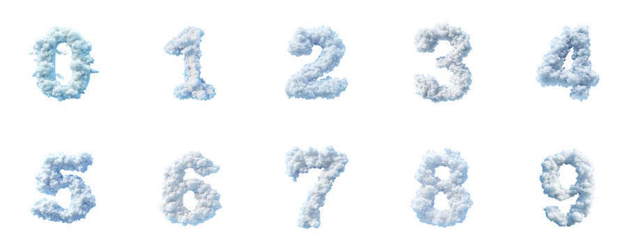 Fluffy cloud numbers 0 to 9 isolated on transparent background for creative designs and sky-themed projects